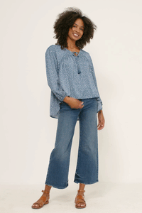 HY5124W BLUE Plus Ruffled Seam Detail Tasseled Long Sleeve Top Front