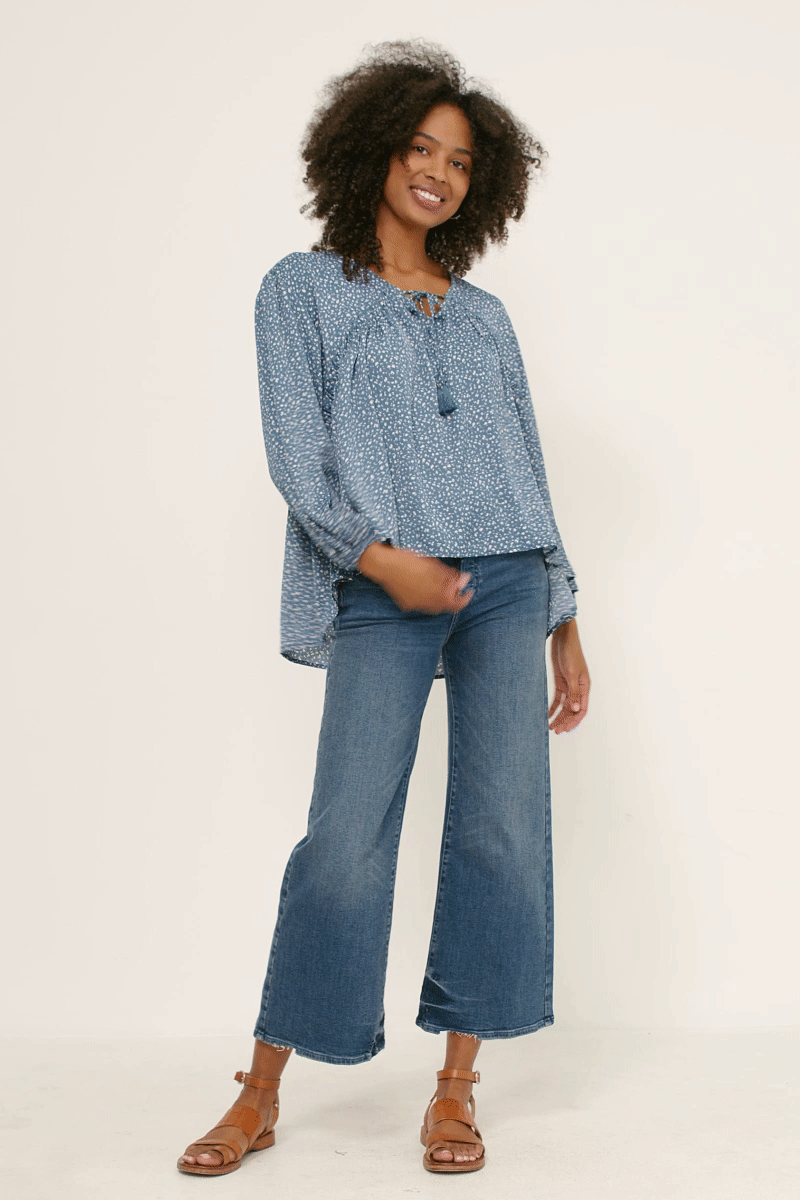 HY5124W BLUE Plus Ruffled Seam Detail Tasseled Long Sleeve Top Front