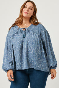HY5124 Blue Womens Ruffled Seam Detail Tasseled Long Sleeve Top Full Body