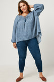 HY5124 Blue Womens Ruffled Seam Detail Tasseled Long Sleeve Top Back