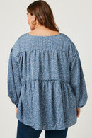 HY5124W BLUE Plus Ruffled Seam Detail Tasseled Long Sleeve Top Full Body