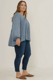 HY5124W BLUE Plus Ruffled Seam Detail Tasseled Long Sleeve Top Full Body
