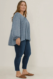 HY5124W BLUE Plus Ruffled Seam Detail Tasseled Long Sleeve Top Full Body