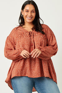 HY5124 RUST Womens Ruffled Seam Detail Tasseled Long Sleeve Top Side