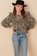 HY5132 Black Womens Pleat Detail Ruffle Shoulder Botanical Top Full Body