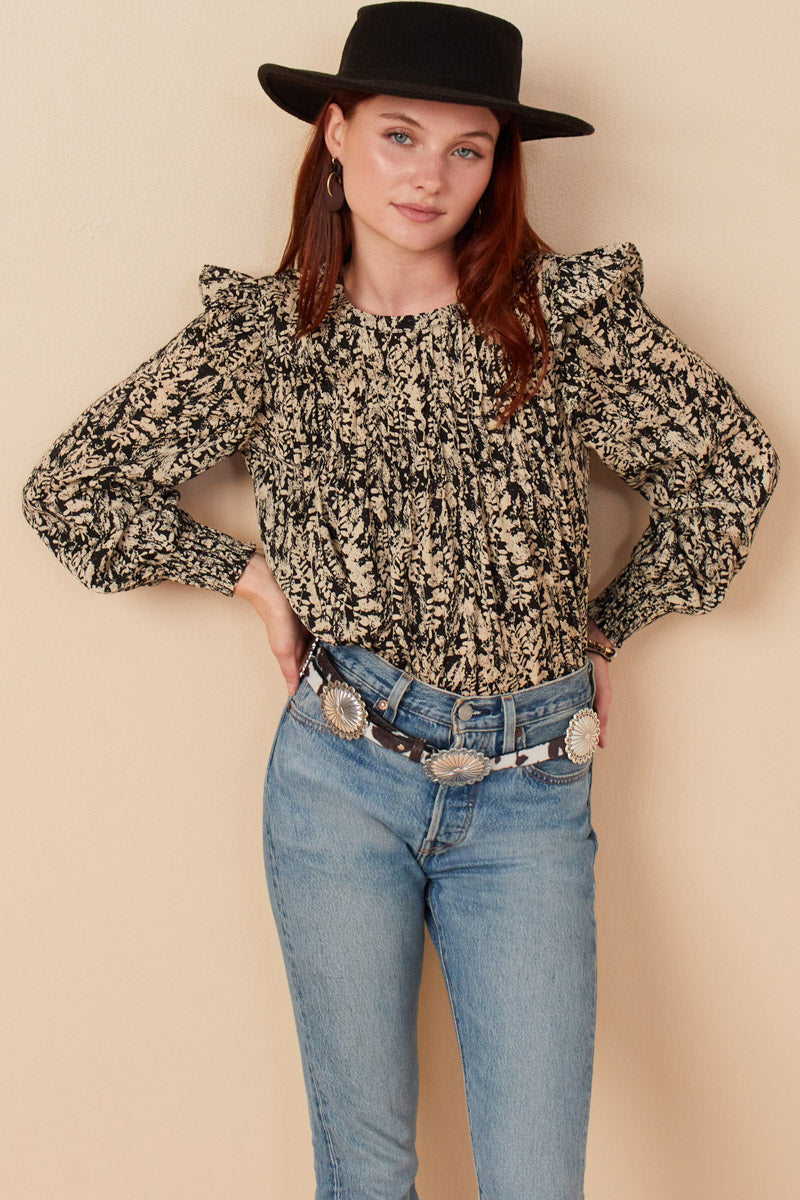 Pleat Detail Ruffle Shoulder Botanical Top