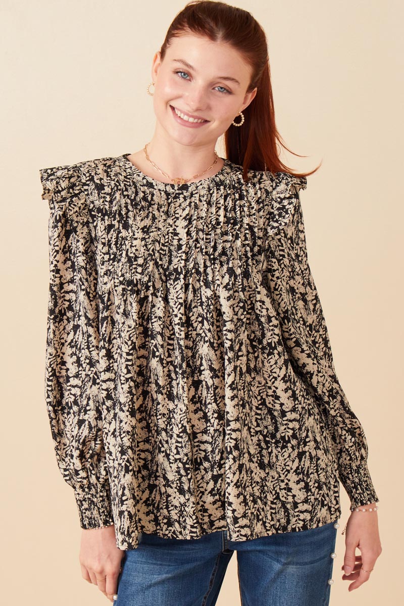 Pleat Detail Ruffle Shoulder Botanical Top