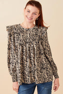 HY5132 Black Womens Pleat Detail Ruffle Shoulder Botanical Top Front