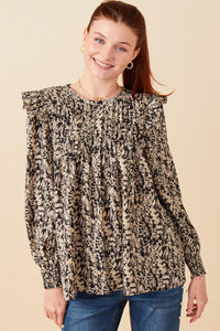 HY5132 Black Womens Pleat Detail Ruffle Shoulder Botanical Top Front