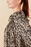 HY5132 Black Womens Pleat Detail Ruffle Shoulder Botanical Top Detail