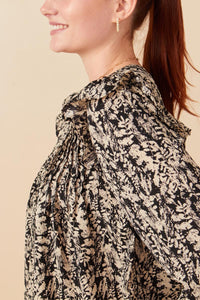 HY5132 Black Womens Pleat Detail Ruffle Shoulder Botanical Top Detail