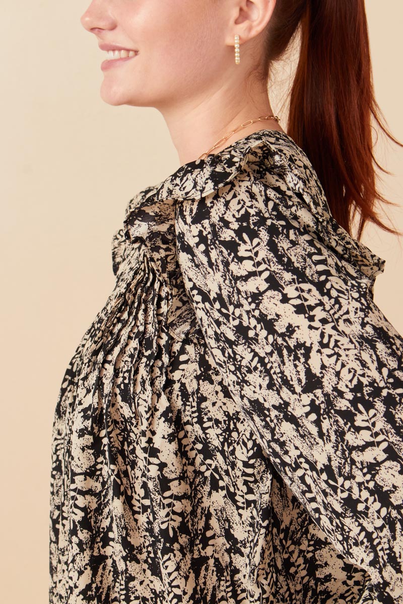 HY5132 Black Womens Pleat Detail Ruffle Shoulder Botanical Top Detail