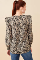 HY5132 Black Womens Pleat Detail Ruffle Shoulder Botanical Top Back