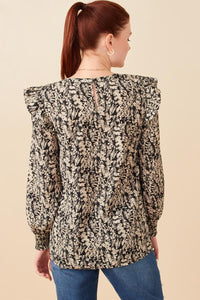 HY5132 Black Womens Pleat Detail Ruffle Shoulder Botanical Top Back