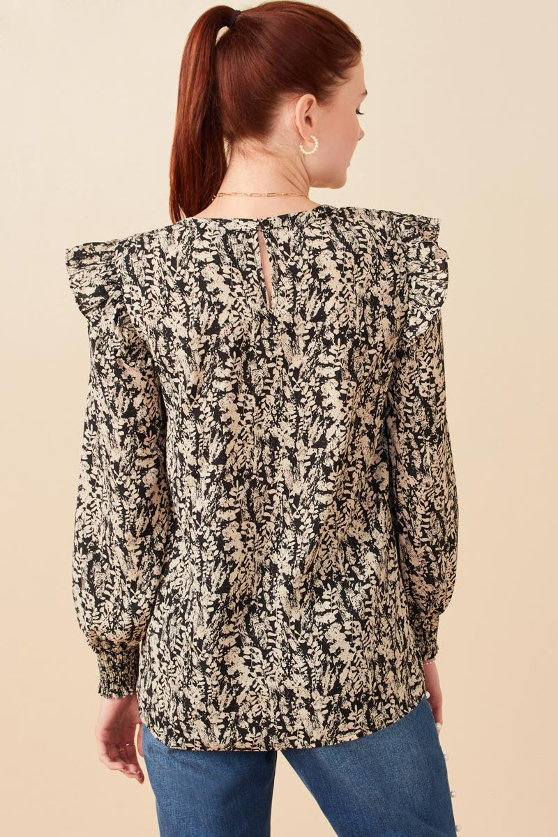 HY5132 Black Womens Pleat Detail Ruffle Shoulder Botanical Top Back