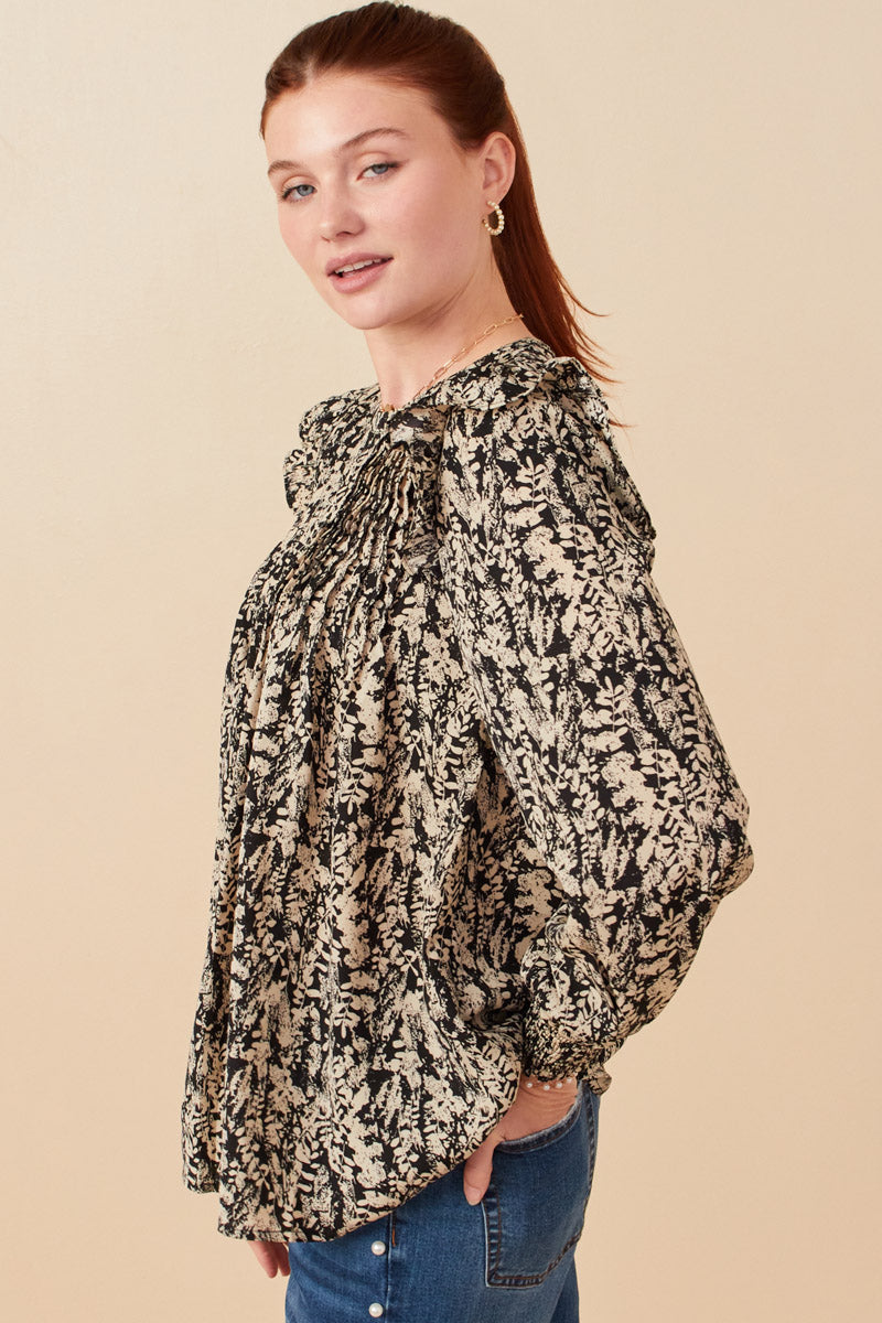 HY5132 Black Womens Pleat Detail Ruffle Shoulder Botanical Top Side