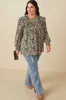 HY5132W Black Plus Pleat Detail Ruffle Shoulder Botanical Top Full Body