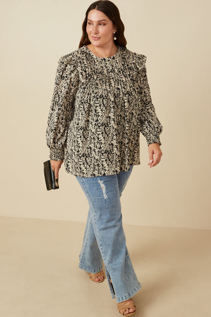 HY5132W Black Plus Pleat Detail Ruffle Shoulder Botanical Top Full Body