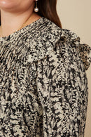 HY5132W Black Plus Pleat Detail Ruffle Shoulder Botanical Top Detail