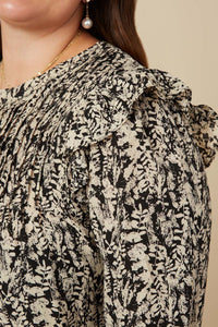 HY5132W Black Plus Pleat Detail Ruffle Shoulder Botanical Top Detail