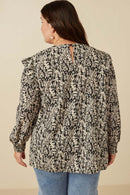 HY5132W Black Plus Pleat Detail Ruffle Shoulder Botanical Top Back