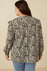 HY5132W Black Plus Pleat Detail Ruffle Shoulder Botanical Top Back