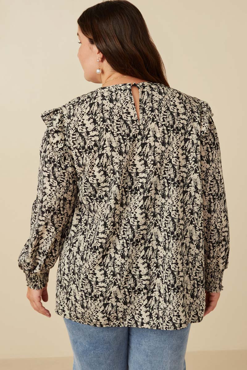 HY5132W Black Plus Pleat Detail Ruffle Shoulder Botanical Top Back