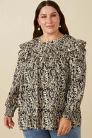 HY5132 MUSTARD Womens Pleat Detail Ruffle Shoulder Botanical Top Front