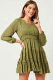 HY5184W MAUVE Plus Swiss Dot Smocked Waist Ruffled Skirt Long Sleeve Dress Front