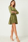 HY5184W MAUVE Plus Swiss Dot Smocked Waist Ruffled Skirt Long Sleeve Dress Side