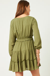 HY5184 OLIVE Womens Swiss Dot Smocked Waist Ruffled Skirt Long Sleeve Dress Full Body