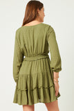 HY5184 OLIVE Womens Swiss Dot Smocked Waist Ruffled Skirt Long Sleeve Dress Full Body