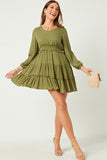 HY5184 Olive Womens Swiss Dot Smocked Waist Ruffled Skirt Long Sleeve Dress Gif