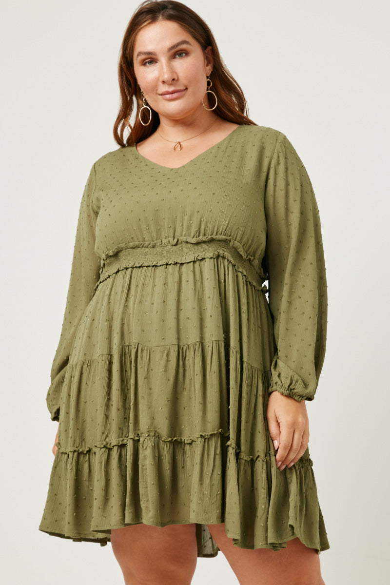 Swiss Dot Smocked Waist Ruffled Long Sleeve Dress