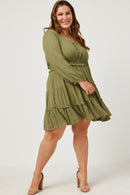 HY5184 MAUVE Womens Swiss Dot Smocked Waist Ruffled Skirt Long Sleeve Dress Front