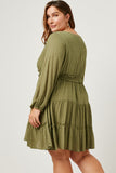 HY5184 MAUVE Womens Swiss Dot Smocked Waist Ruffled Skirt Long Sleeve Dress Side