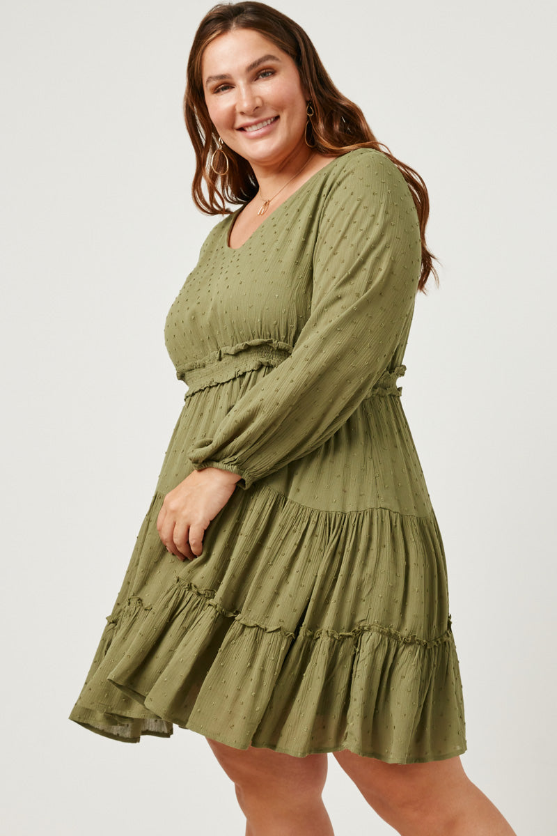 HY5184W MAUVE Plus Swiss Dot Smocked Waist Ruffled Skirt Long Sleeve Dress Full Body