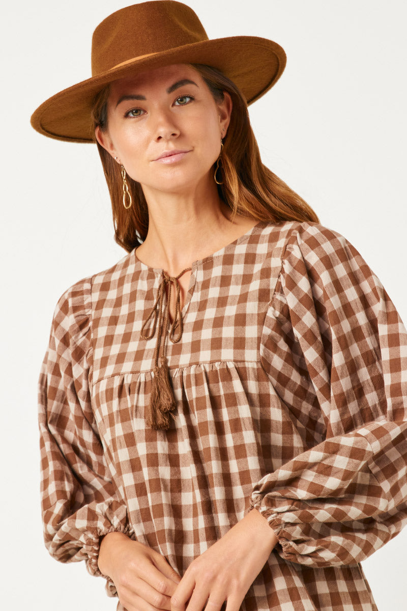 boho gingham dress Gingham Short Sleeve Puff Dress