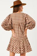 HY5191W BLACK Plus Puff Sleeve Tie Neck Gingham Dress Front