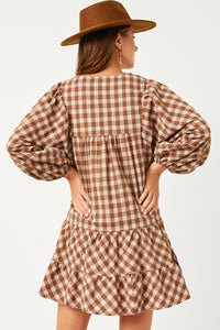 HY5191W BLACK Plus Puff Sleeve Tie Neck Gingham Dress Front