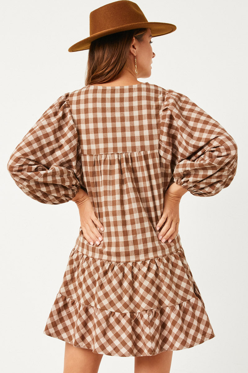 HY5191W BLACK Plus Puff Sleeve Tie Neck Gingham Dress Front