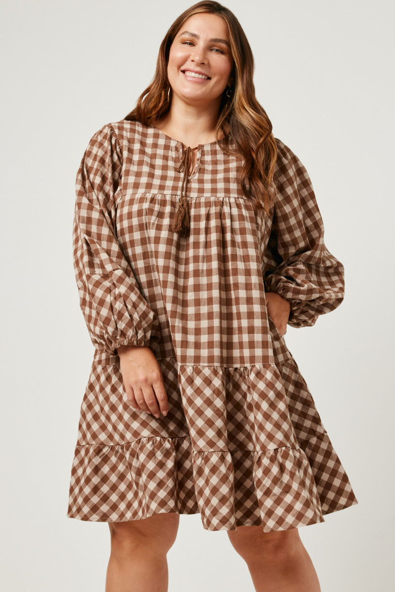 Gingham Short Sleeve Puff Dress | Boho Inspired Inclusive Outfits Brown / 1XL Brown *Women's Dresses Casual Dresses Hayden Los Angeles Gingham Short Sleeve Puff Dress | Boho Inspired Inclusive Outfits Brown / 1XL Brown *Women's Dresses Casual Dresses Hayden Los Angeles