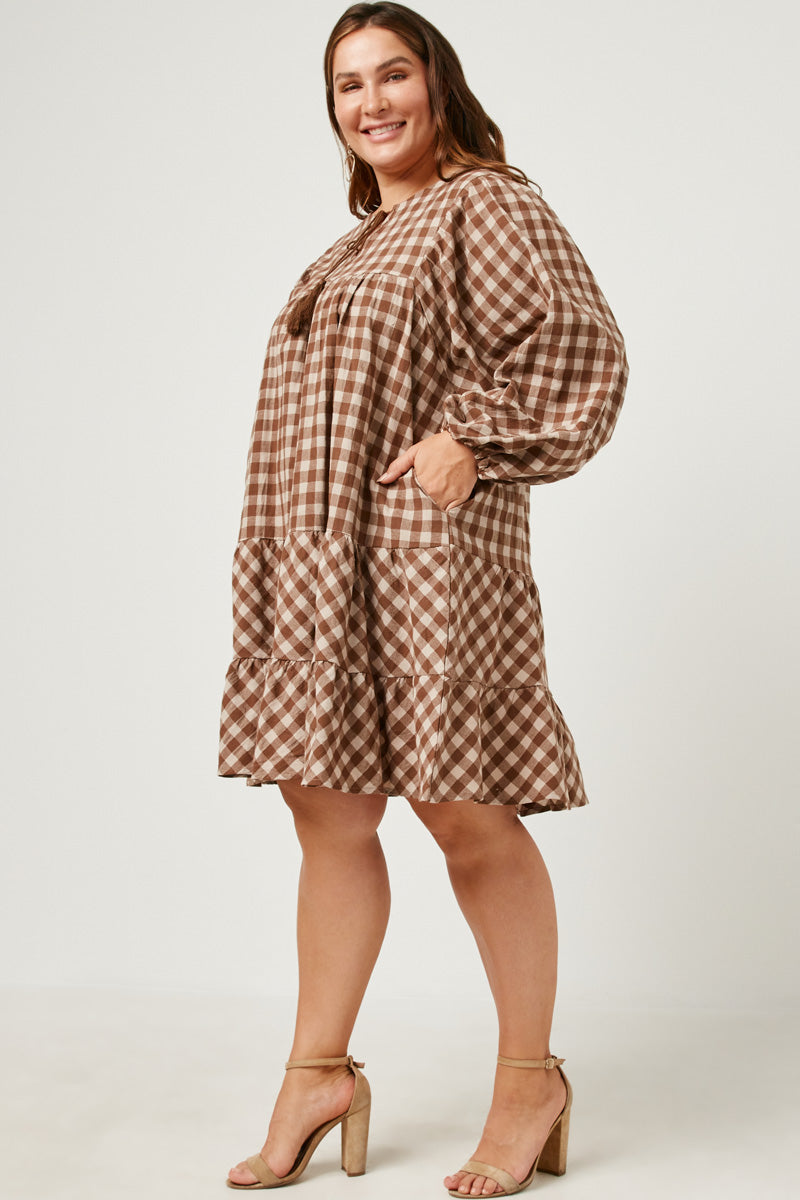 Gingham Short Sleeve Puff Dress | Boho Inspired Inclusive Outfits Brown / 1XL Brown *Women's Dresses Casual Dresses Hayden Los Angeles Gingham Short Sleeve Puff Dress | Boho Inspired Inclusive Outfits Brown / 1XL Brown *Women's Dresses Casual Dresses Hayden Los Angeles