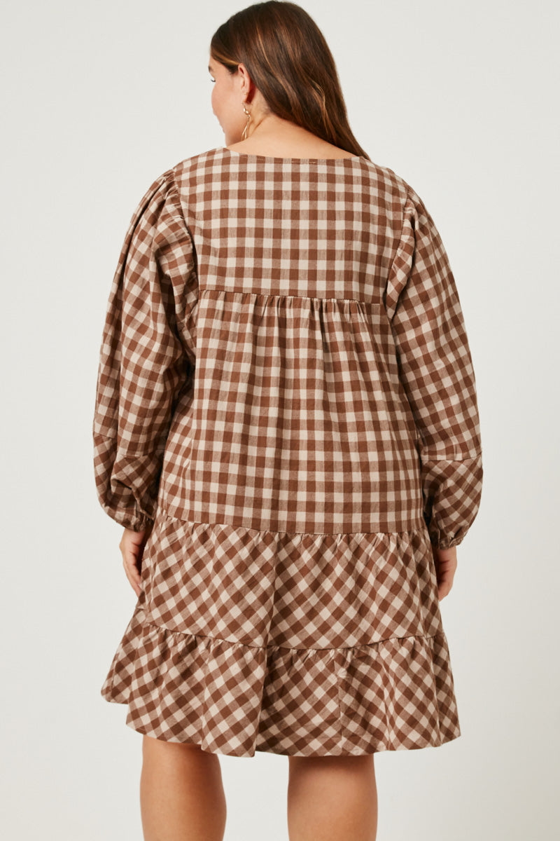 Gingham Short Sleeve Puff Dress | Boho Inspired Inclusive Outfits Brown / 1XL Brown *Women's Dresses Casual Dresses Hayden Los Angeles Gingham Short Sleeve Puff Dress | Boho Inspired Inclusive Outfits Brown / 1XL Brown *Women's Dresses Casual Dresses Hayden Los Angeles