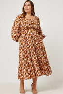 HY5204W MUSTARD Plus Smocked Square Neck Puff Sleeve Dress Full Body