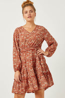 HY5220 Coral Womens Smocked Waist Ruffled Tiered V Neck Dress Front 2