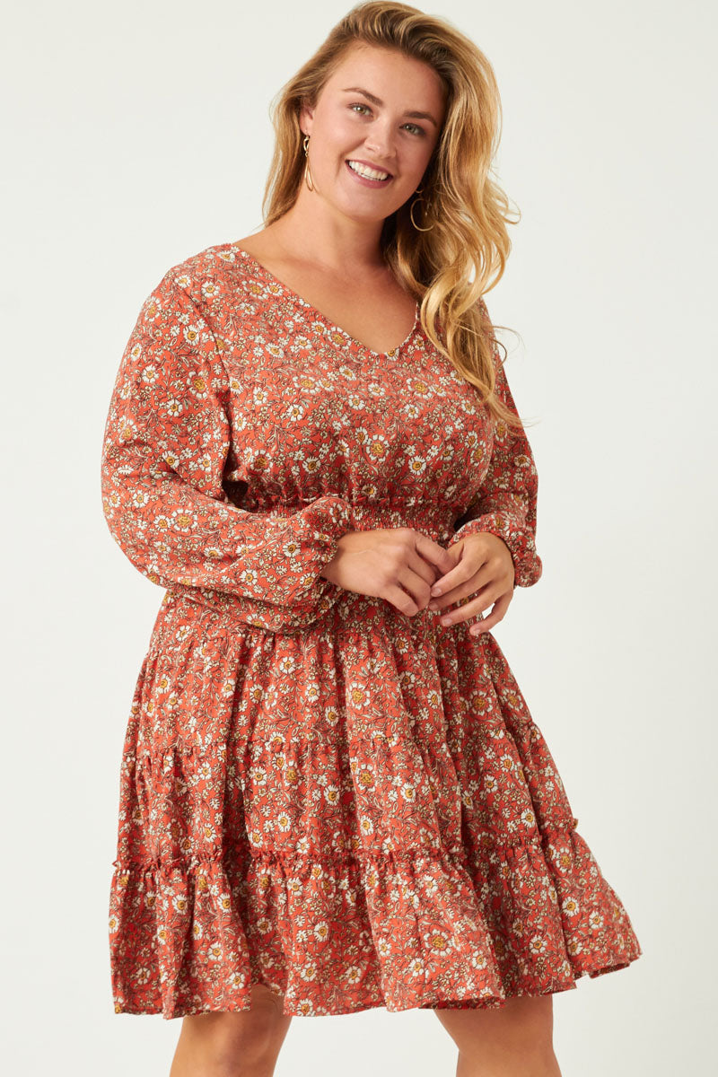 Smocked Waist Ruffled Tiered V Neck Dress