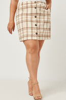 HY5250 Beige Womens Brushed Plaid Button Up Skirt Front