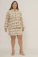 HY5250W BEIGE Plus Brushed Plaid Button Up Skirt Full Body
