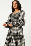 HY5253 Black Womens Gingham Smocked Bodice Square Neck Long Sleeve Maxi Dress Gif